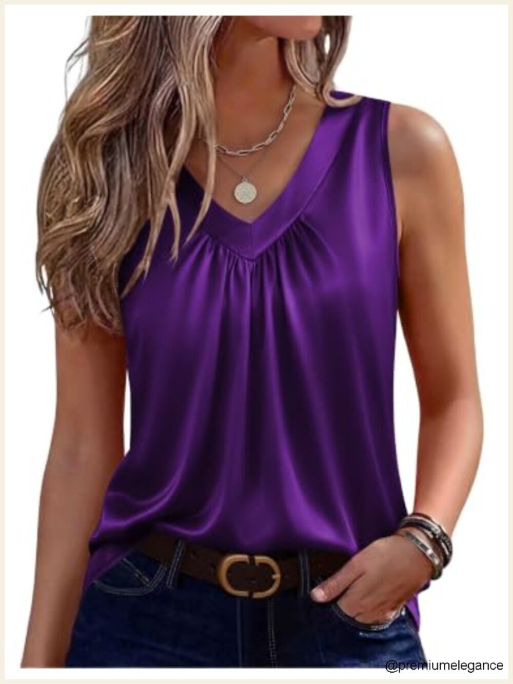 Satin Silk Sleeveless Tank Top V Neck Pleated Women's Blouse